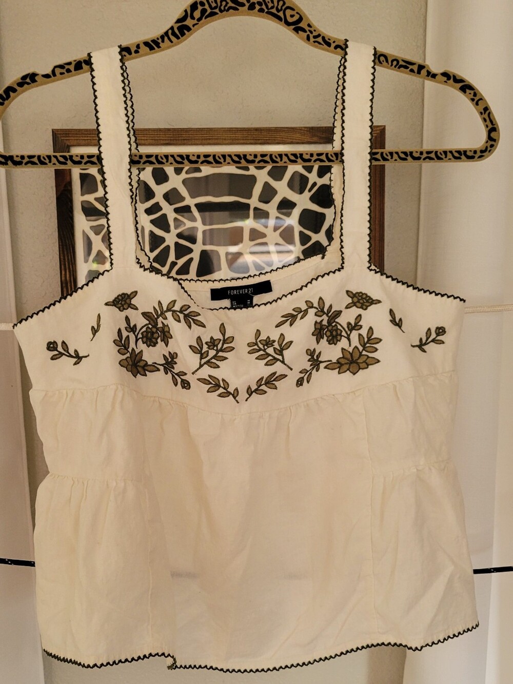 Forever 21 Cream Tank Top with Olive Floral Embroidery